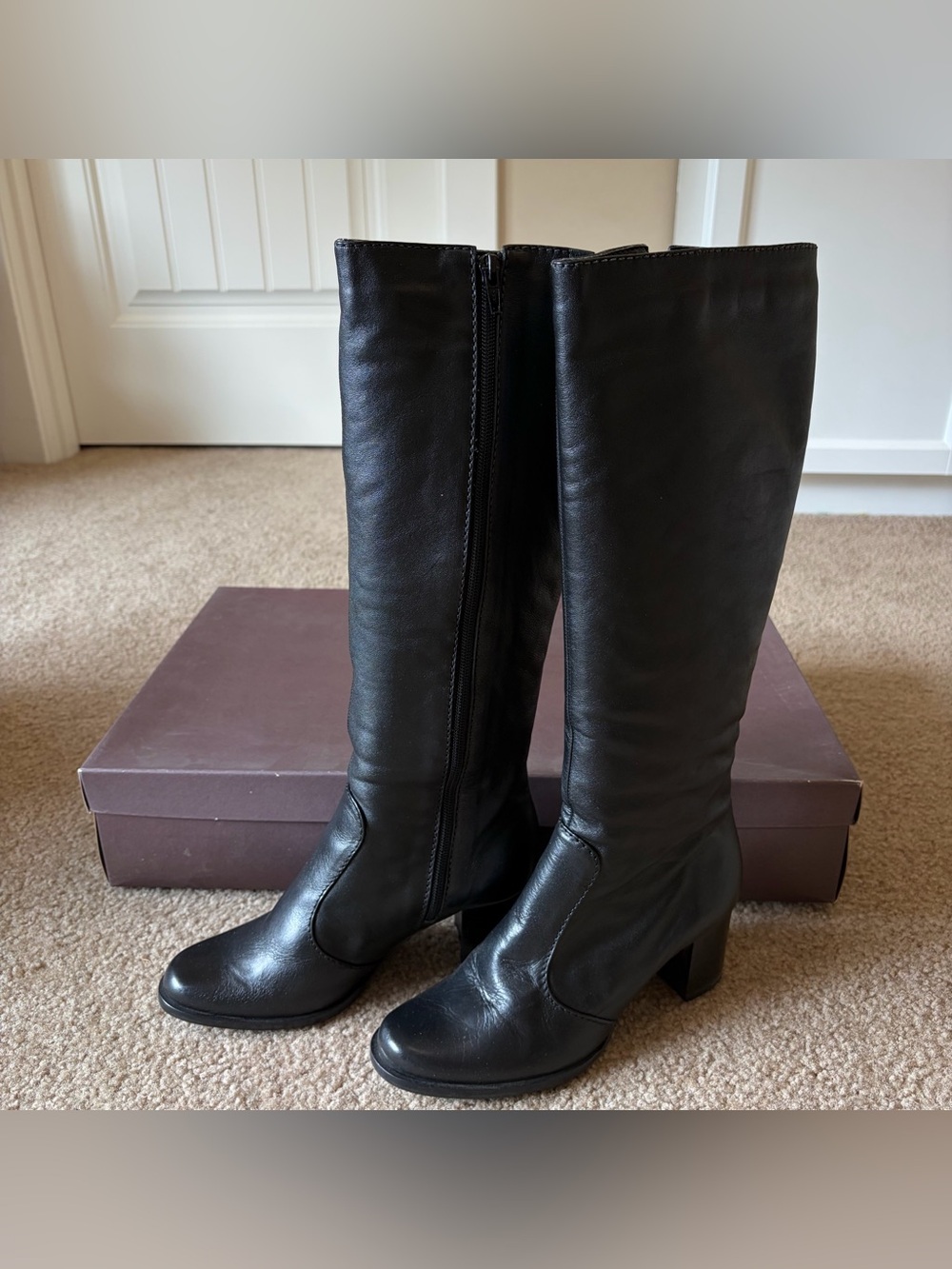 Vigotti Talisa Boots Women 6W Black Leather Knee High Block Heel Made Brazil EUC
